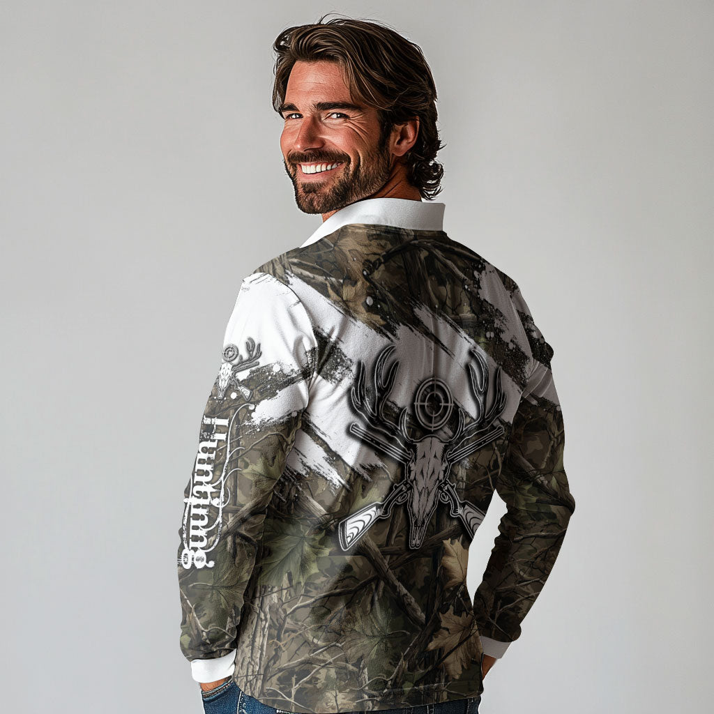 Deer Skull Hunting Long Sleeve Polo Shirt Camo Forest Grunge Buck Skull Crossed Rifles Target