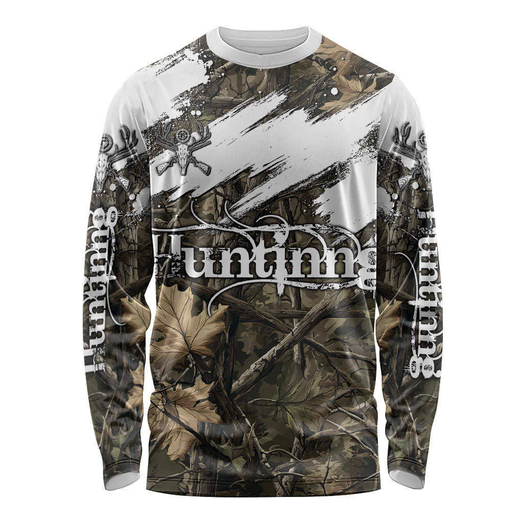Deer Skull Hunting Long Sleeve Shirt Camo Forest Grunge Buck Skull Crossed Rifles Target