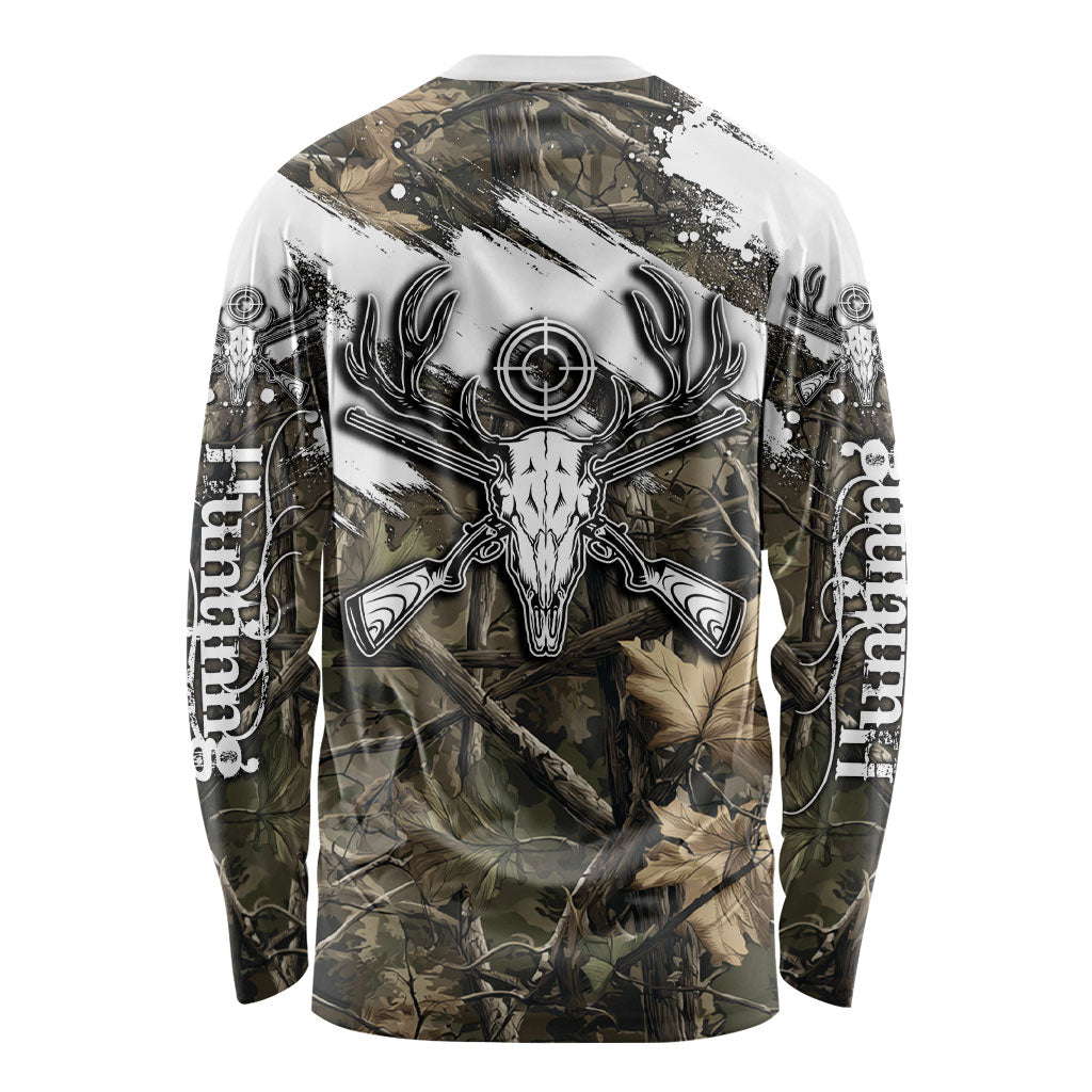 Deer Skull Hunting Long Sleeve Shirt Camo Forest Grunge Buck Skull Crossed Rifles Target