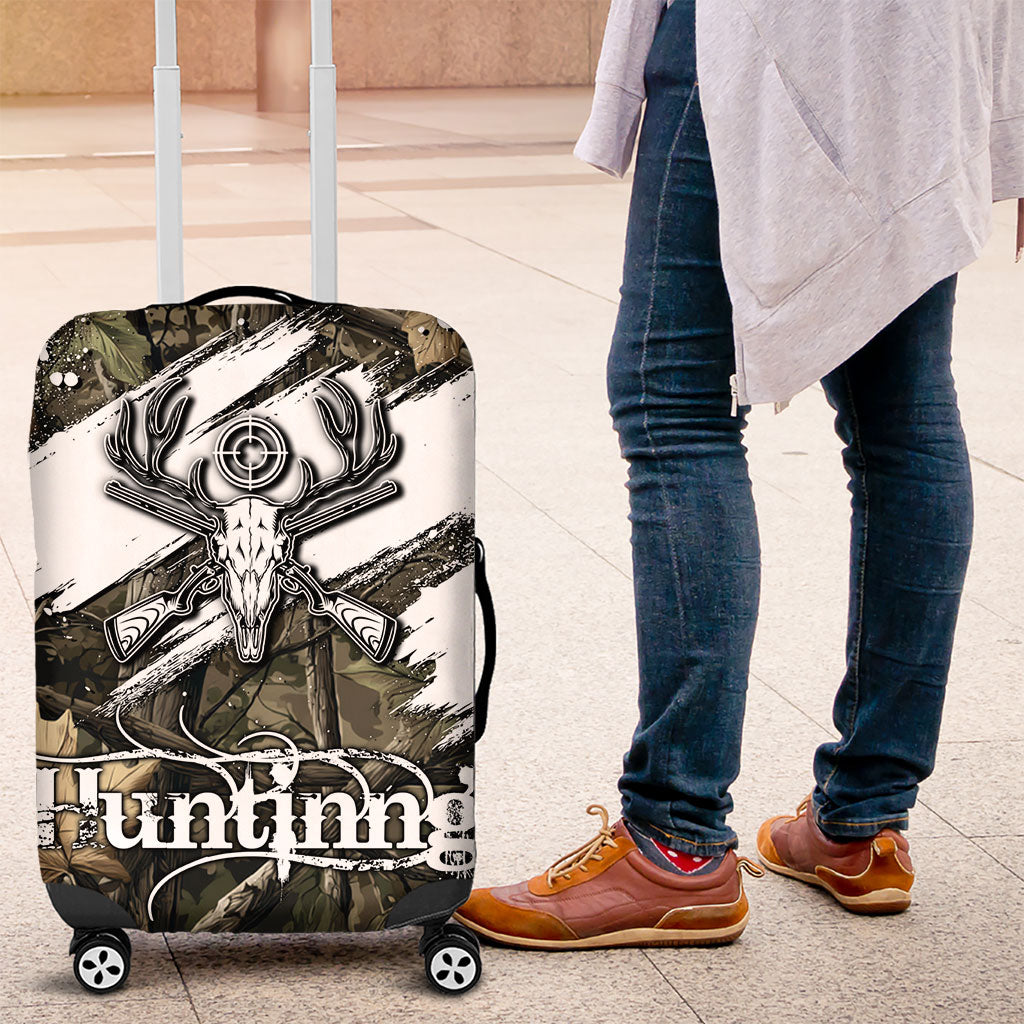 Deer Skull Hunting Luggage Cover Camo Forest Grunge Buck Skull Crossed Rifles Target