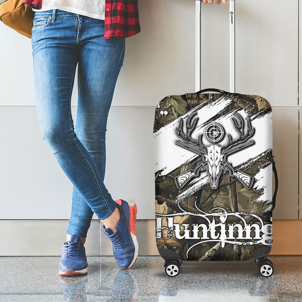 Deer Skull Hunting Luggage Cover Camo Forest Grunge Buck Skull Crossed Rifles Target