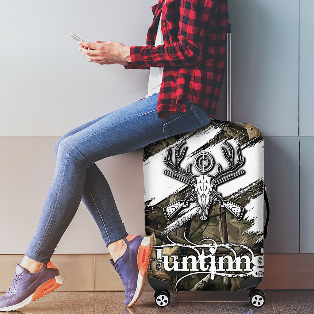 Deer Skull Hunting Luggage Cover Camo Forest Grunge Buck Skull Crossed Rifles Target