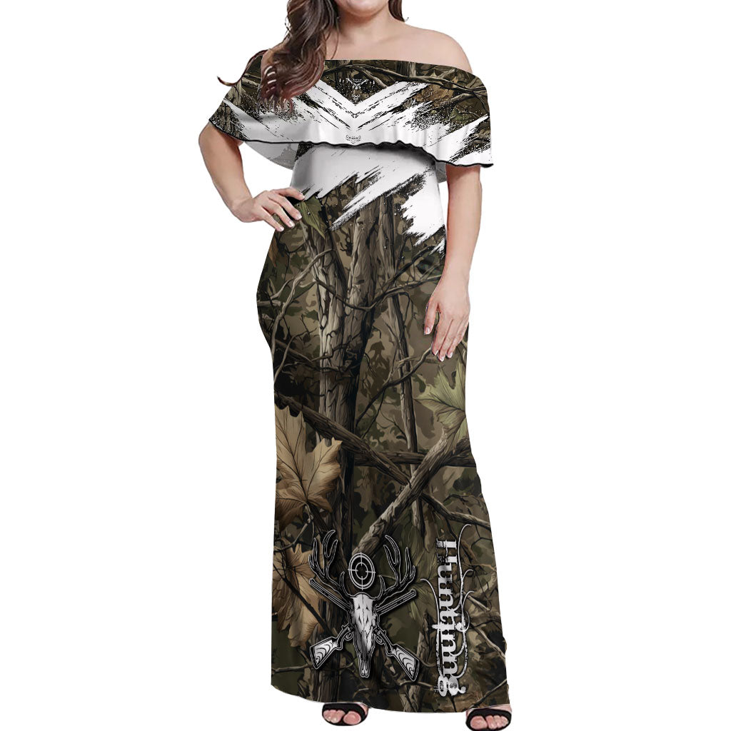 Deer Skull Hunting Off Shoulder Maxi Dress Camo Forest Grunge Buck Skull Crossed Rifles Target