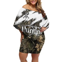 Deer Skull Hunting Off Shoulder Short Dress Camo Forest Grunge Buck Skull Crossed Rifles Target