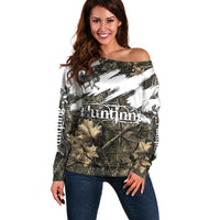 Deer Skull Hunting Off Shoulder Sweater Camo Forest Grunge Buck Skull Crossed Rifles Target