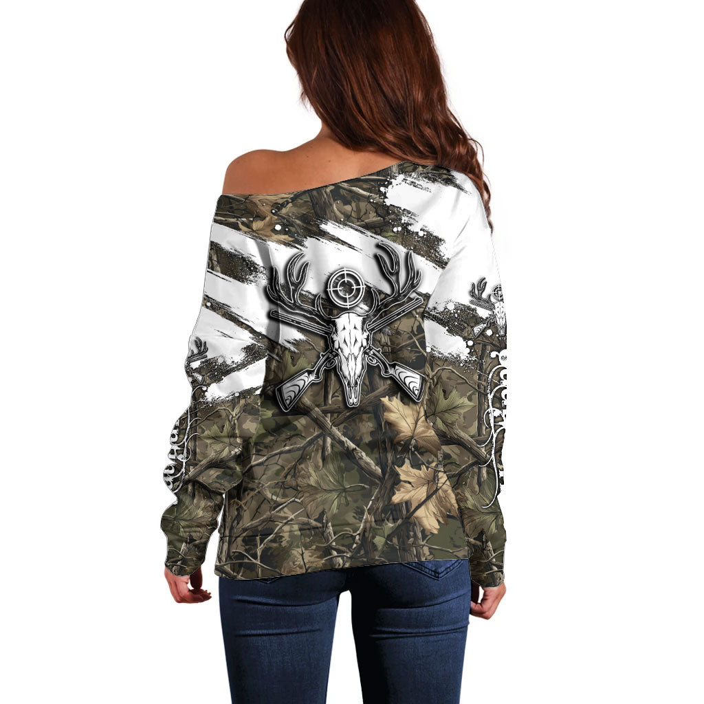 Deer Skull Hunting Off Shoulder Sweater Camo Forest Grunge Buck Skull Crossed Rifles Target