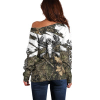 Deer Skull Hunting Off Shoulder Sweater Camo Forest Grunge Buck Skull Crossed Rifles Target