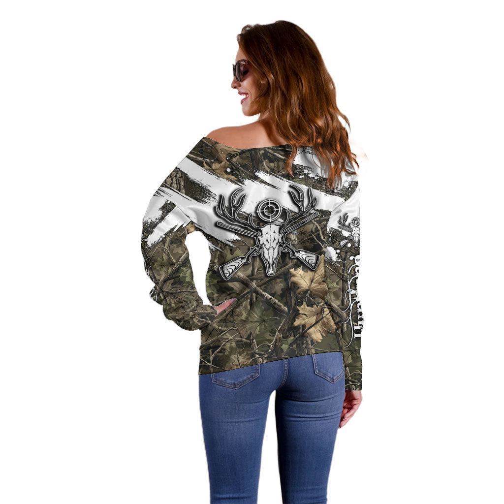 Deer Skull Hunting Off Shoulder Sweater Camo Forest Grunge Buck Skull Crossed Rifles Target