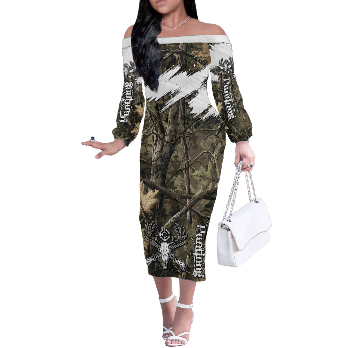 Deer Skull Hunting Off The Shoulder Long Sleeve Dress Camo Forest Grunge Buck Skull Crossed Rifles Target