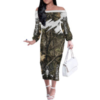 Deer Skull Hunting Off The Shoulder Long Sleeve Dress Camo Forest Grunge Buck Skull Crossed Rifles Target