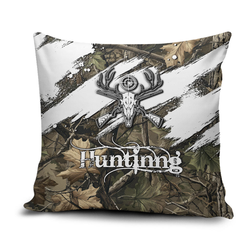 Deer Skull Hunting Pillow Cover Camo Forest Grunge Buck Skull Crossed Rifles Target