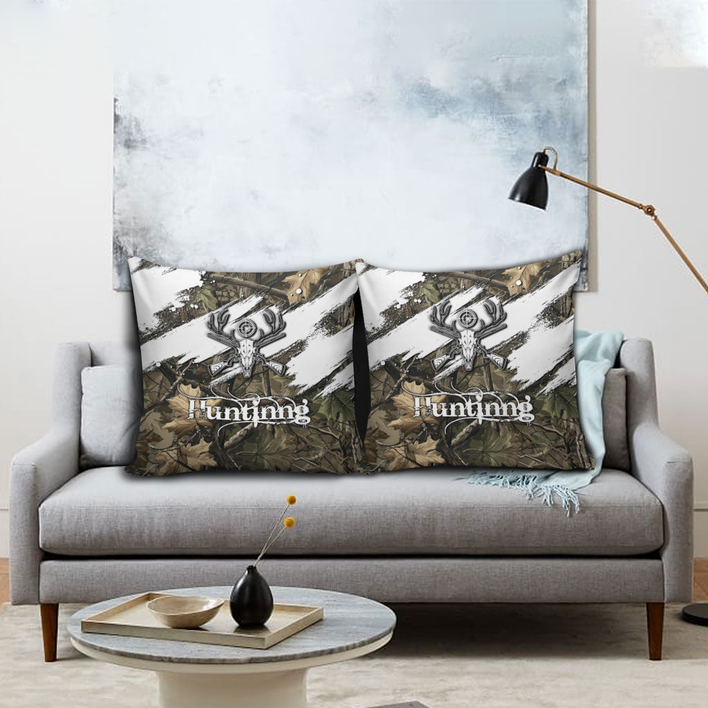 Deer Skull Hunting Pillow Cover Camo Forest Grunge Buck Skull Crossed Rifles Target
