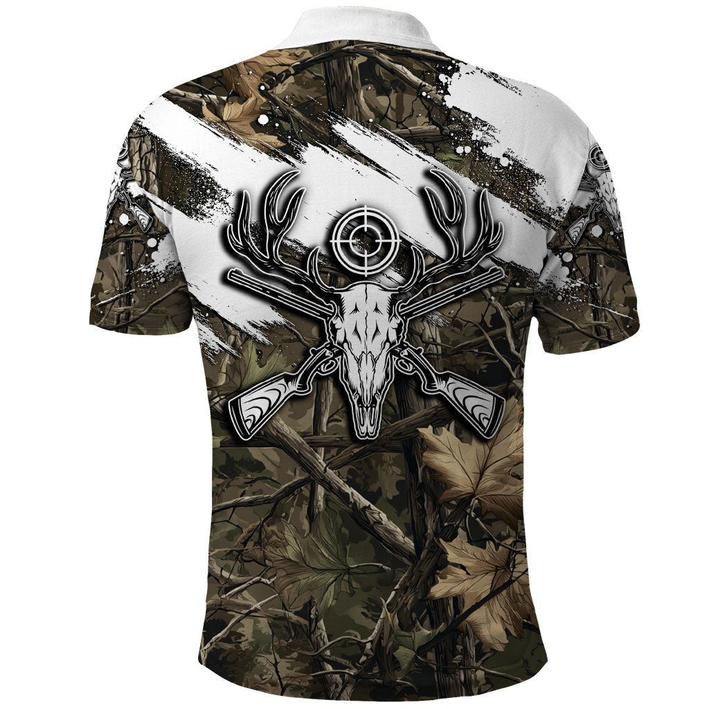Deer Skull Hunting Polo Shirt Camo Forest Grunge Buck Skull Crossed Rifles Target