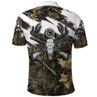 Deer Skull Hunting Polo Shirt Camo Forest Grunge Buck Skull Crossed Rifles Target