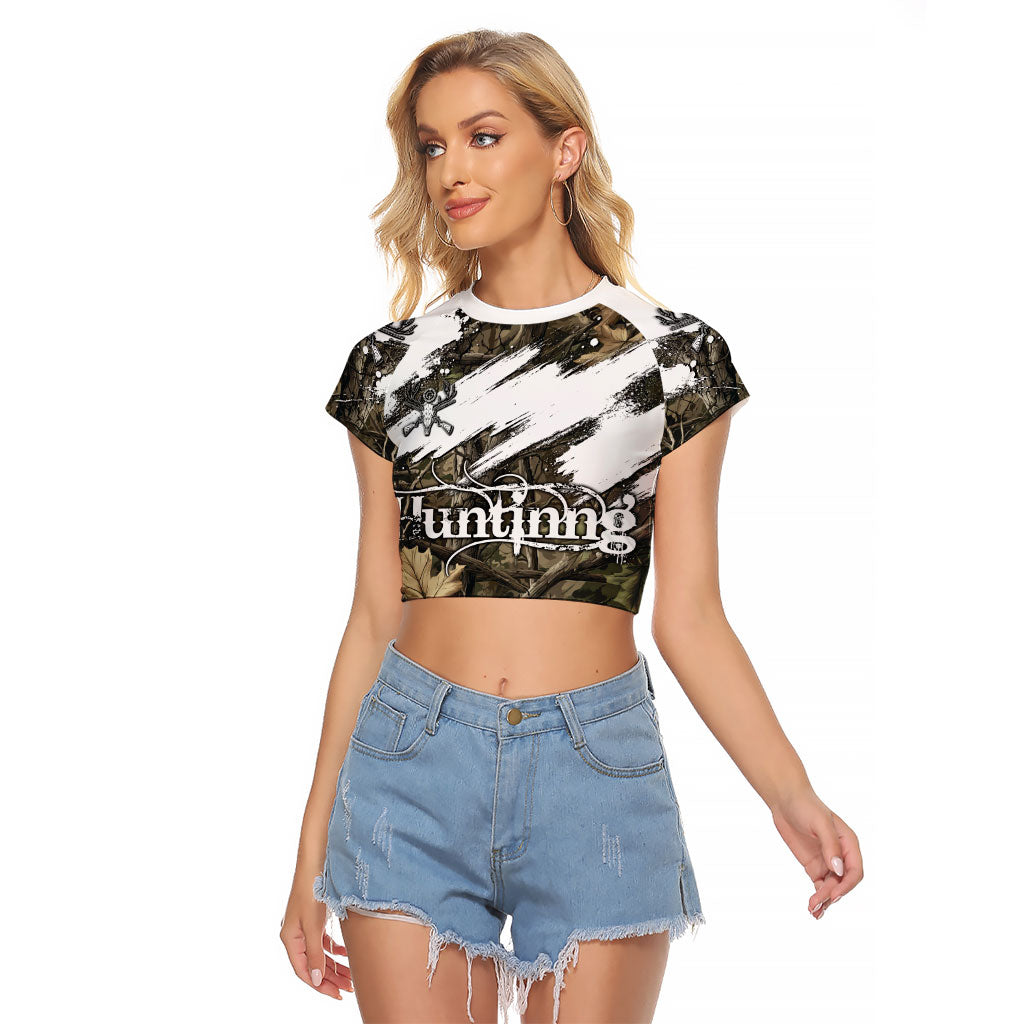 Deer Skull Hunting Raglan Cropped T Shirt Camo Forest Grunge Buck Skull Crossed Rifles Target