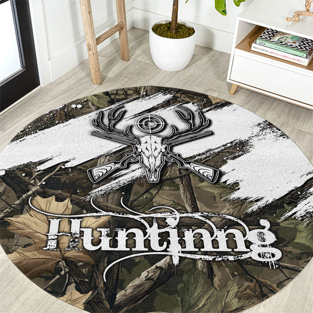 Deer Skull Hunting Round Carpet Camo Forest Grunge Buck Skull Crossed Rifles Target