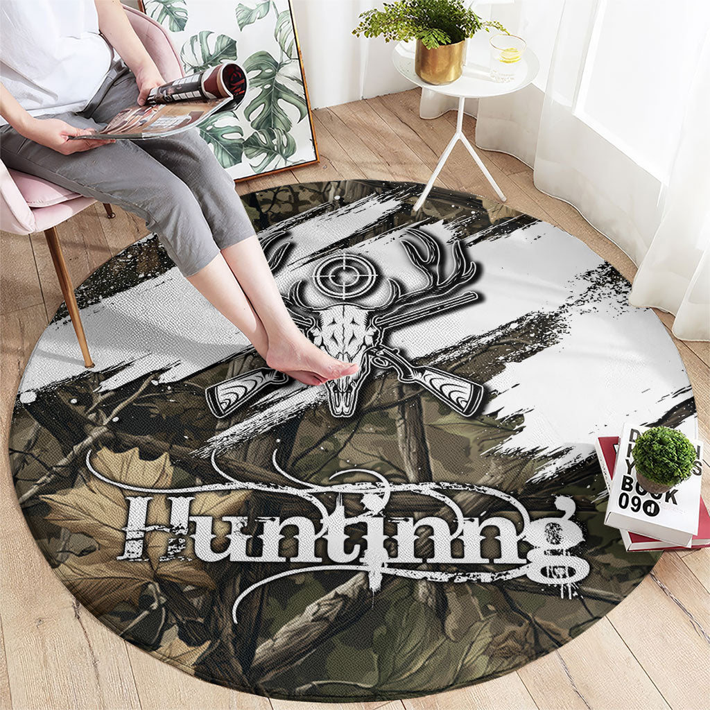 Deer Skull Hunting Round Carpet Camo Forest Grunge Buck Skull Crossed Rifles Target