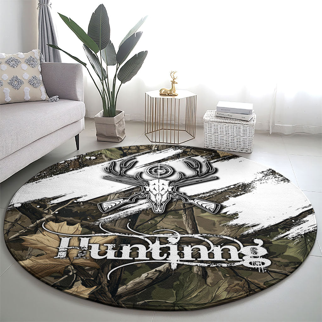 Deer Skull Hunting Round Carpet Camo Forest Grunge Buck Skull Crossed Rifles Target