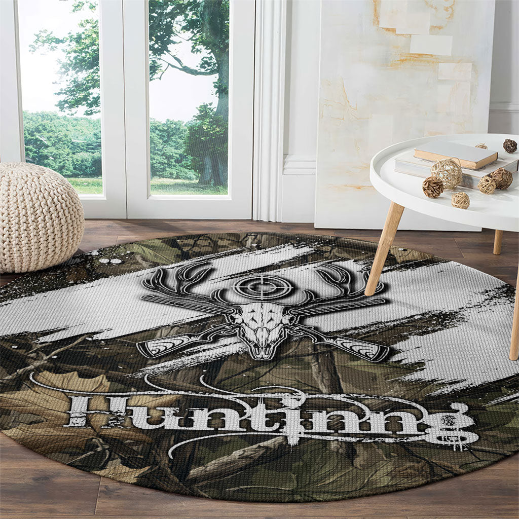 Deer Skull Hunting Round Carpet Camo Forest Grunge Buck Skull Crossed Rifles Target