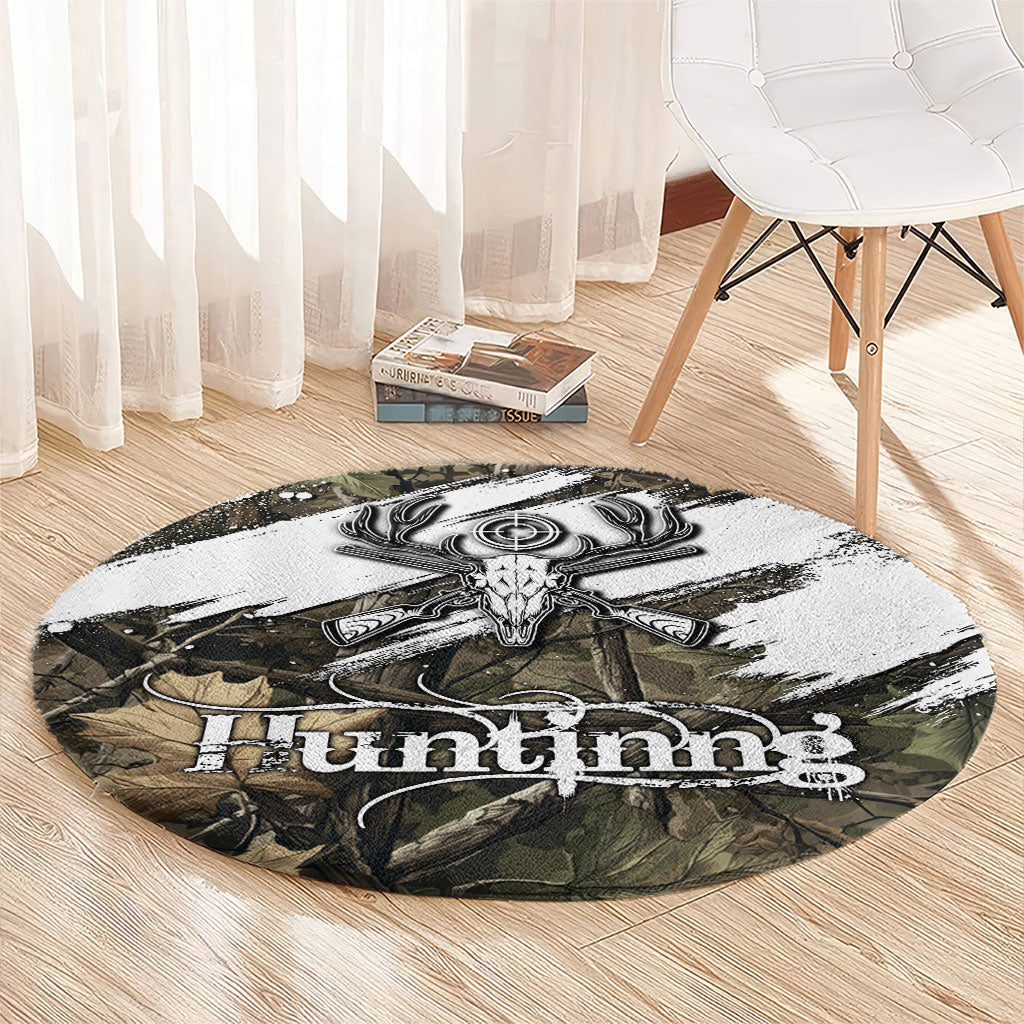 Deer Skull Hunting Round Carpet Camo Forest Grunge Buck Skull Crossed Rifles Target