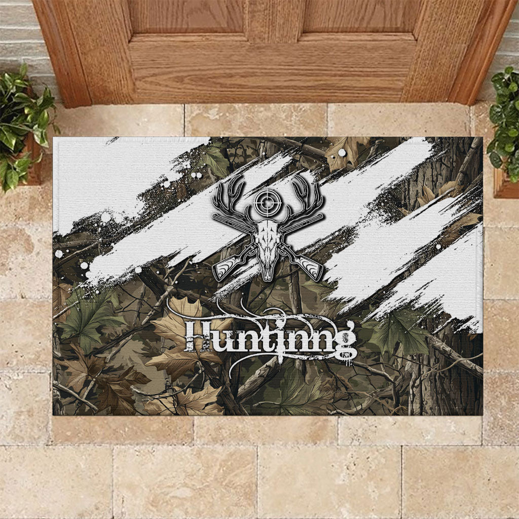 Deer Skull Hunting Rubber Doormat Camo Forest Grunge Buck Skull Crossed Rifles Target