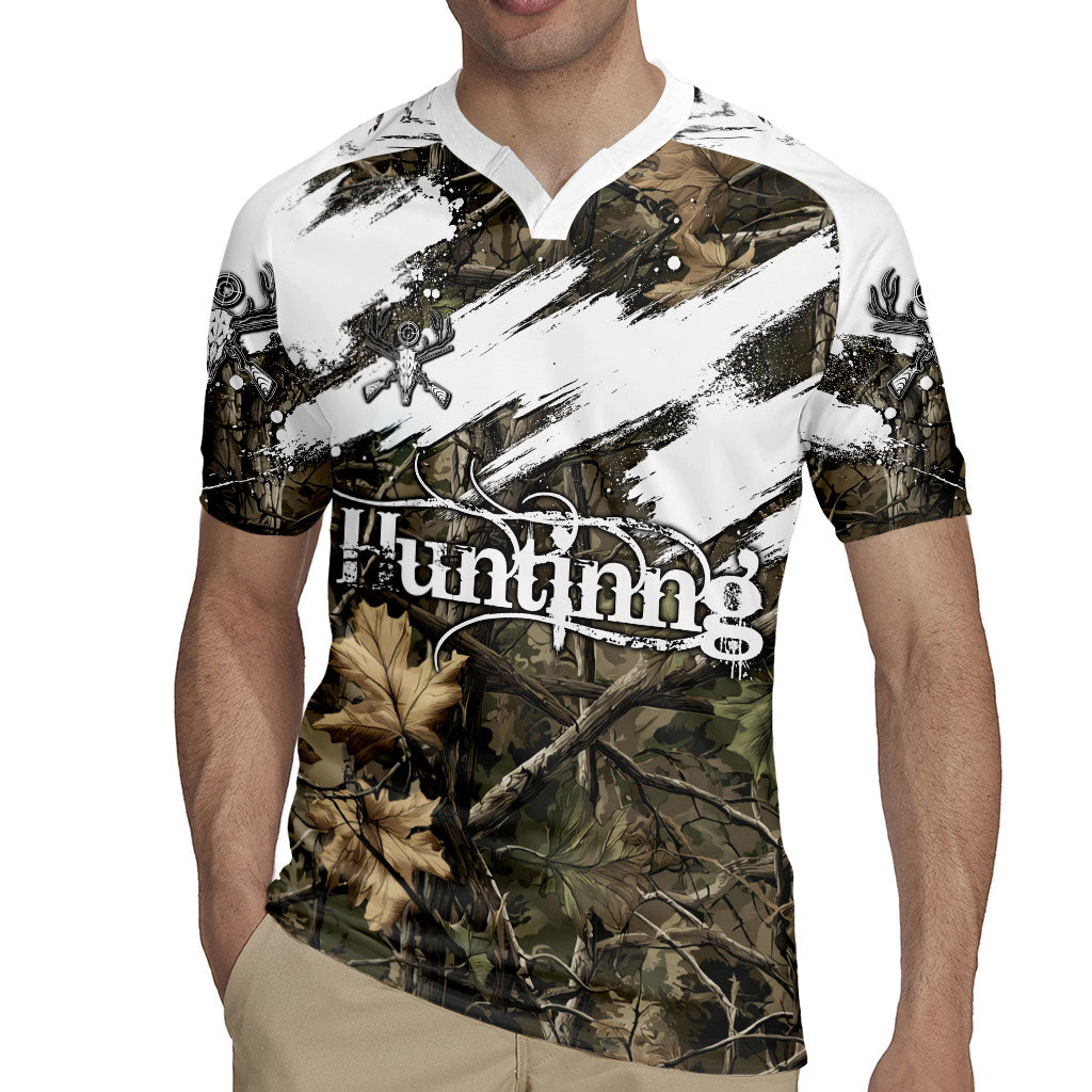 Deer Skull Hunting Rugby Jersey Camo Forest Grunge Buck Skull Crossed Rifles Target