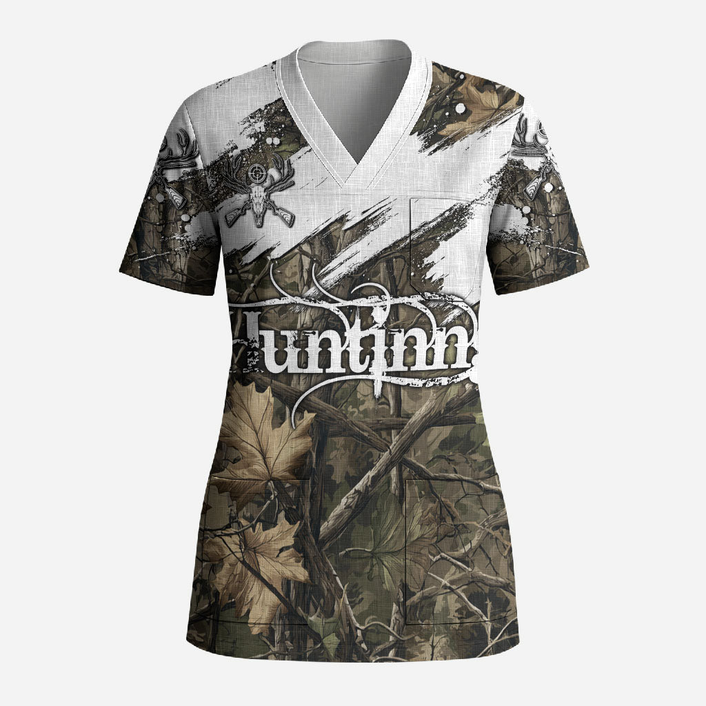 Deer Skull Hunting Scrub Top Camo Forest Grunge Buck Skull Crossed Rifles Target