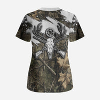 Deer Skull Hunting Scrub Top Camo Forest Grunge Buck Skull Crossed Rifles Target