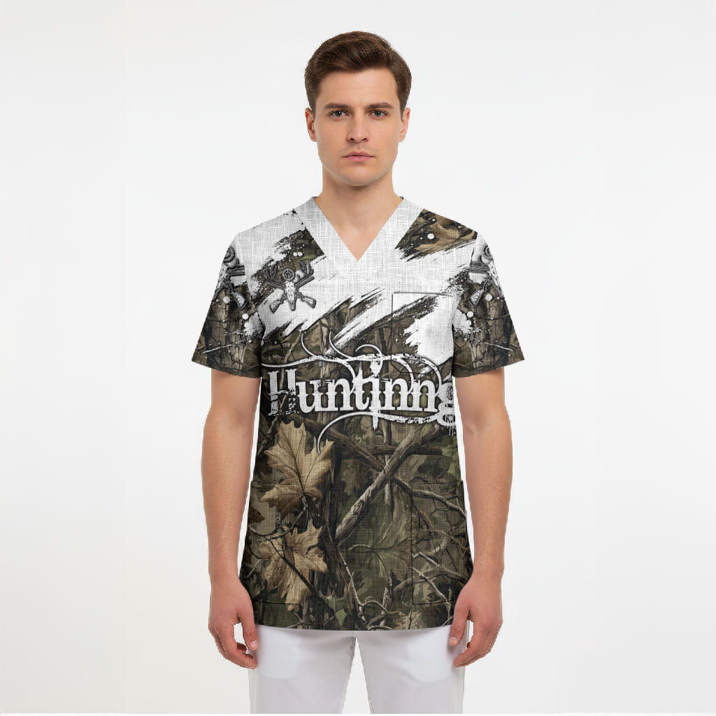 Deer Skull Hunting Scrub Top Camo Forest Grunge Buck Skull Crossed Rifles Target