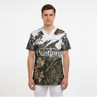 Deer Skull Hunting Scrub Top Camo Forest Grunge Buck Skull Crossed Rifles Target