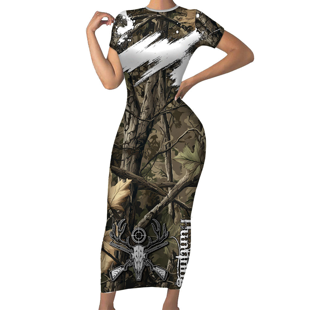 Deer Skull Hunting Short Sleeve Bodycon Dress Camo Forest Grunge Buck Skull Crossed Rifles Target