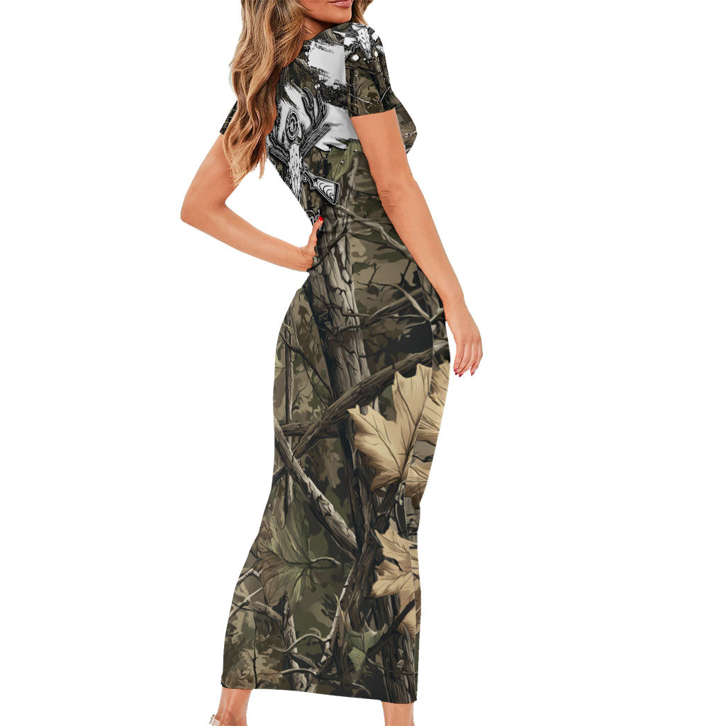 Deer Skull Hunting Short Sleeve Bodycon Dress Camo Forest Grunge Buck Skull Crossed Rifles Target