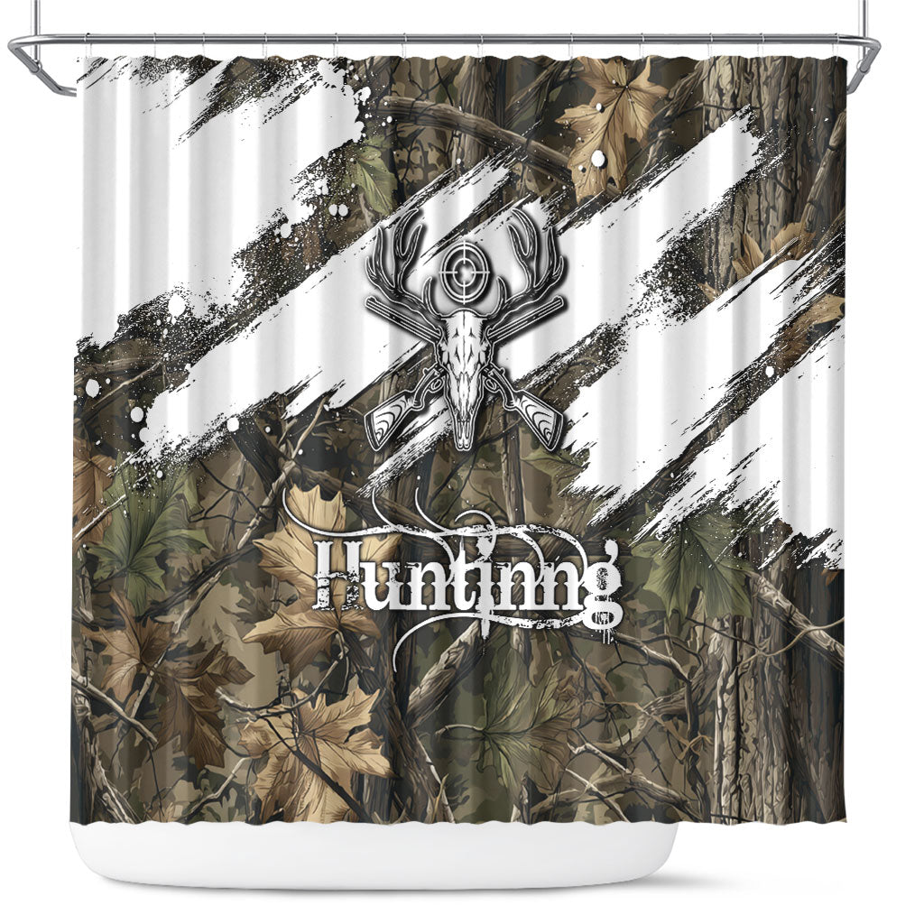 Deer Skull Hunting Shower Curtain Camo Forest Grunge Buck Skull Crossed Rifles Target