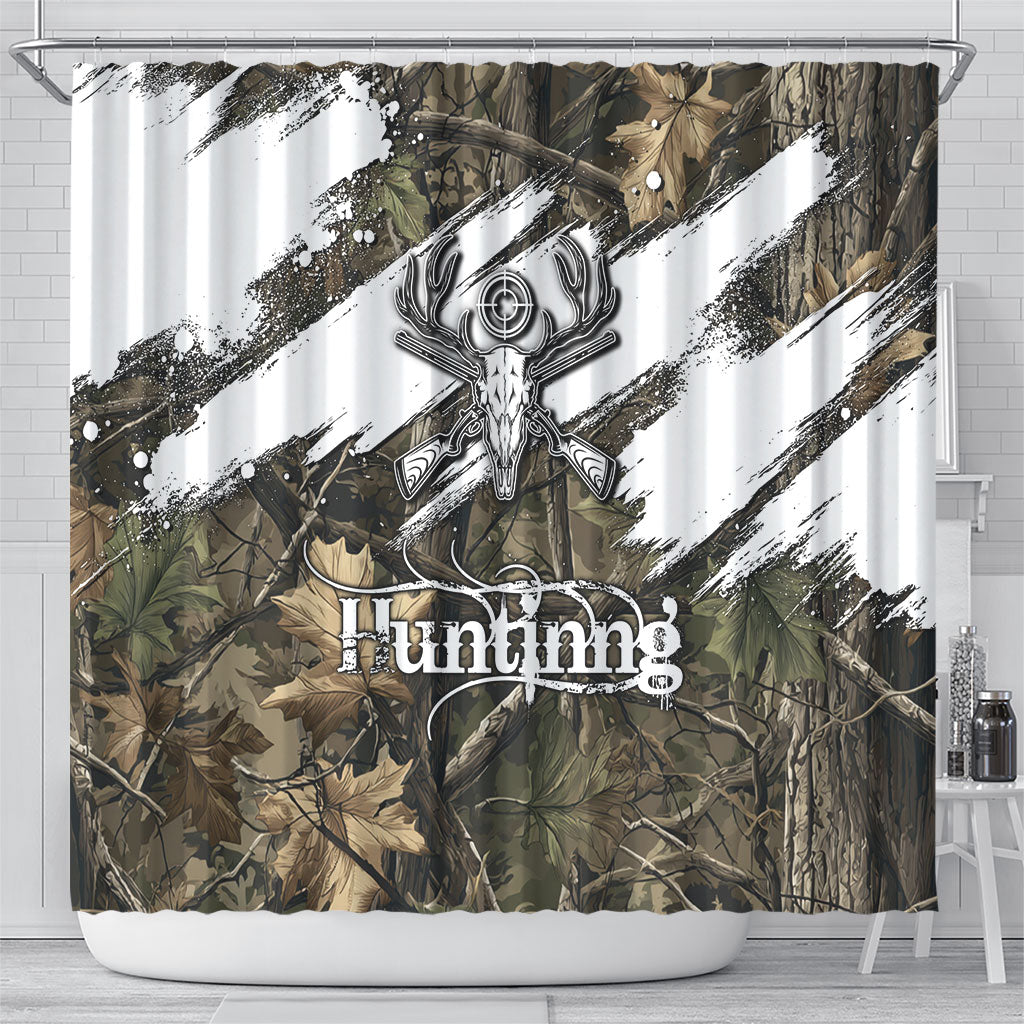 Deer Skull Hunting Shower Curtain Camo Forest Grunge Buck Skull Crossed Rifles Target