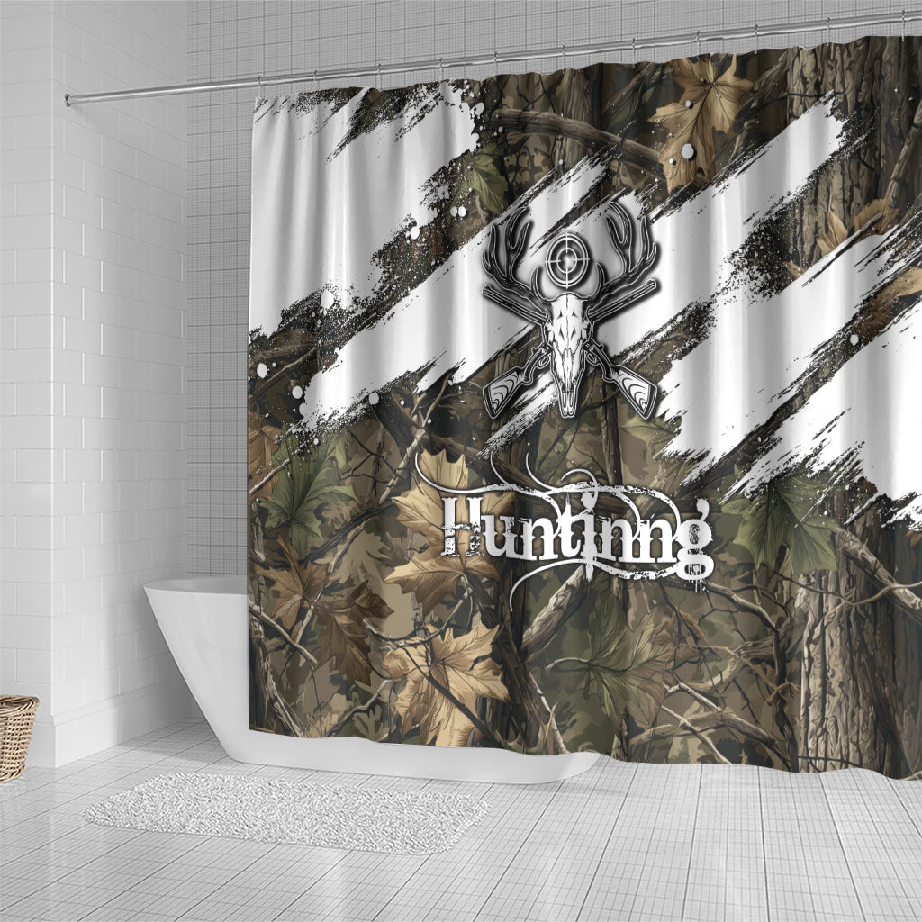Deer Skull Hunting Shower Curtain Camo Forest Grunge Buck Skull Crossed Rifles Target