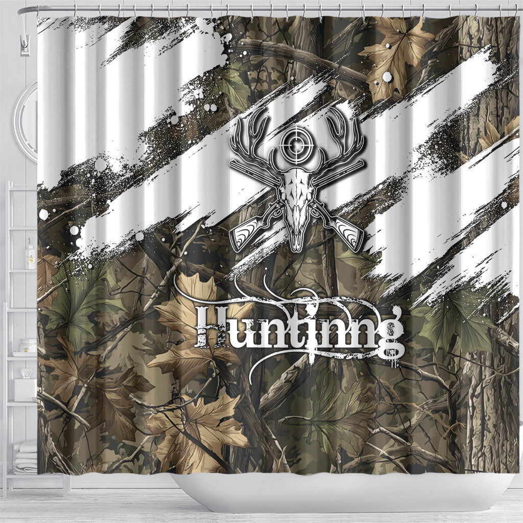 Deer Skull Hunting Shower Curtain Camo Forest Grunge Buck Skull Crossed Rifles Target
