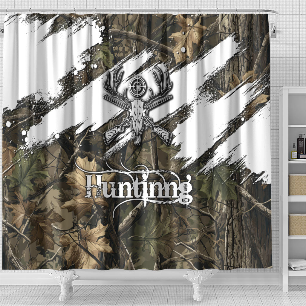 Deer Skull Hunting Shower Curtain Camo Forest Grunge Buck Skull Crossed Rifles Target