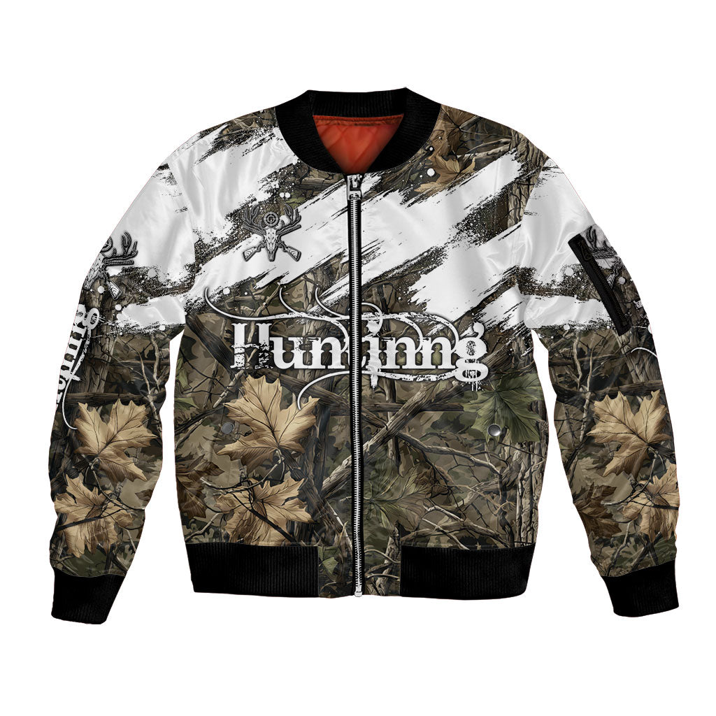 Deer Skull Hunting Sleeve Zip Bomber Jacket Camo Forest Grunge Buck Skull Crossed Rifles Target