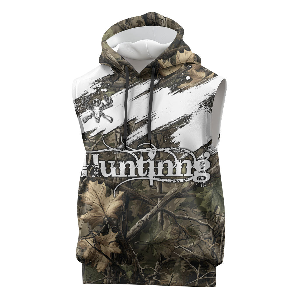 Deer Skull Hunting Sleeveless Hoodie Camo Forest Grunge Buck Skull Crossed Rifles Target