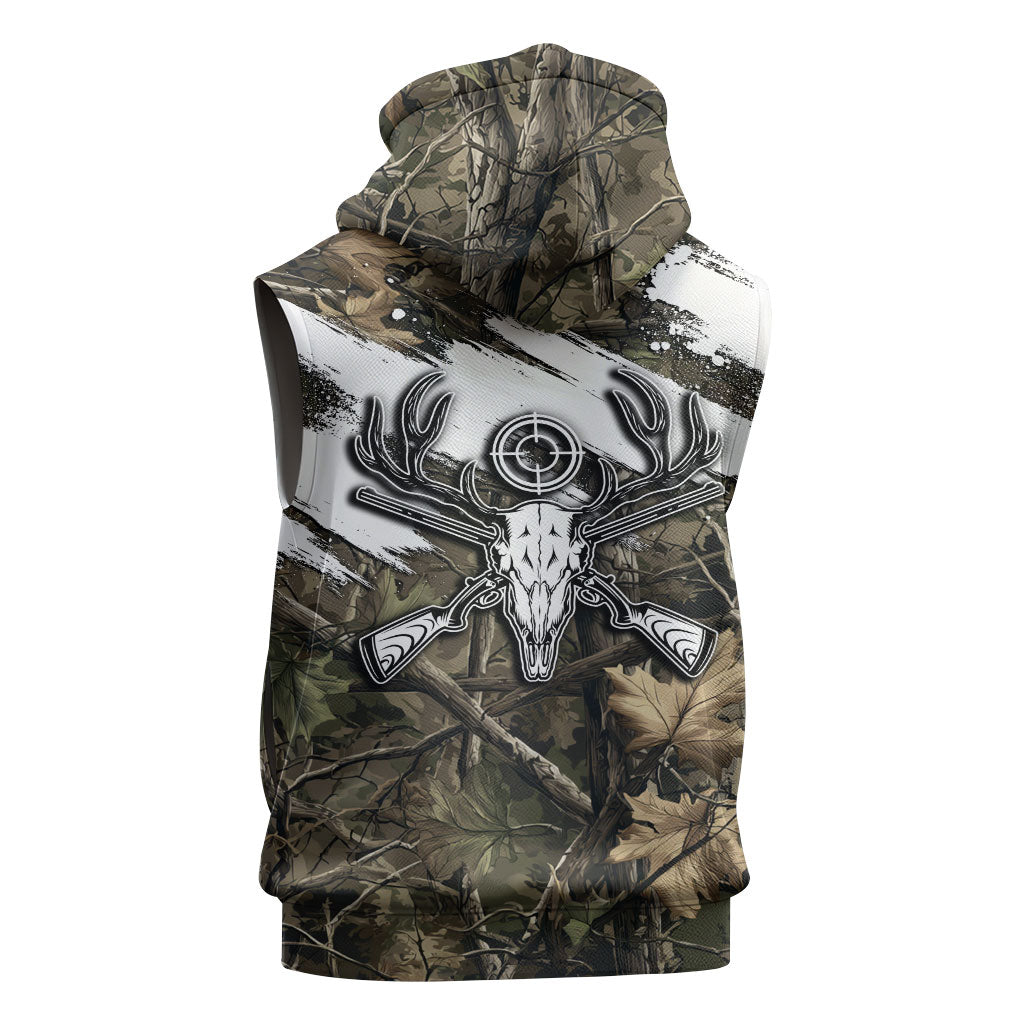 Deer Skull Hunting Sleeveless Hoodie Camo Forest Grunge Buck Skull Crossed Rifles Target