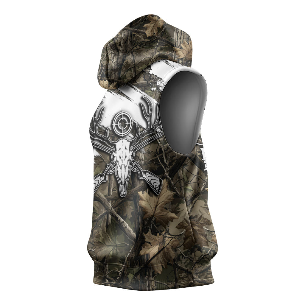 Deer Skull Hunting Sleeveless Hoodie Camo Forest Grunge Buck Skull Crossed Rifles Target