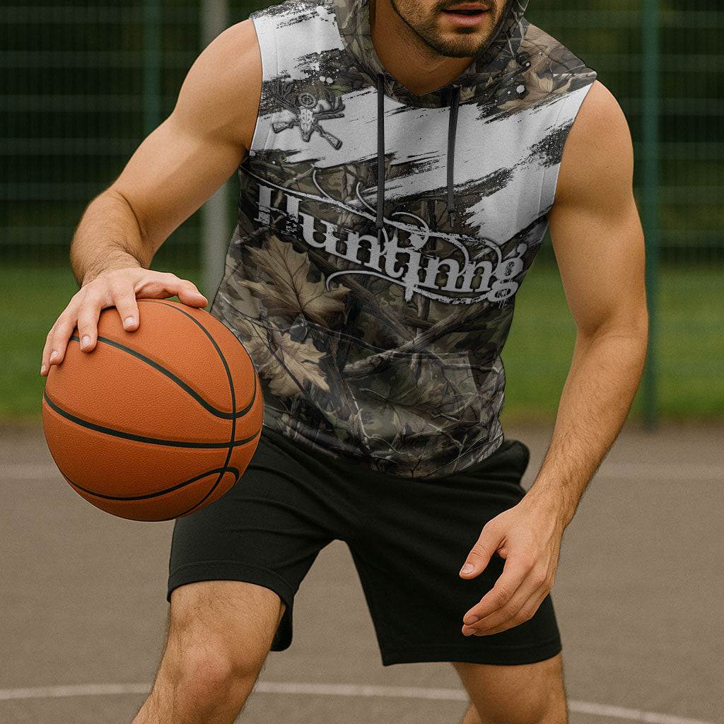 Deer Skull Hunting Sleeveless Hoodie Camo Forest Grunge Buck Skull Crossed Rifles Target