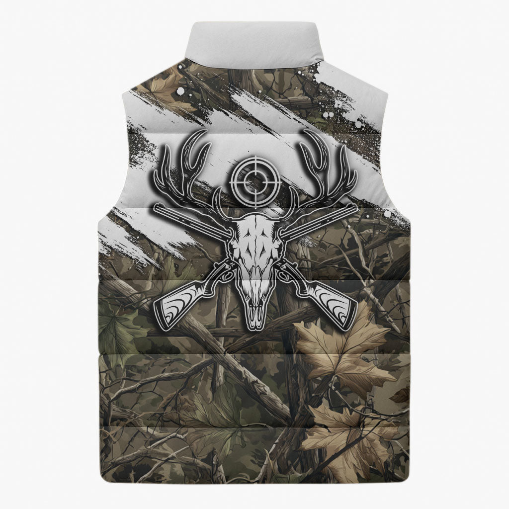 Deer Skull Hunting Sleeveless Puffer Jacket Camo Forest Grunge Buck Skull Crossed Rifles Target