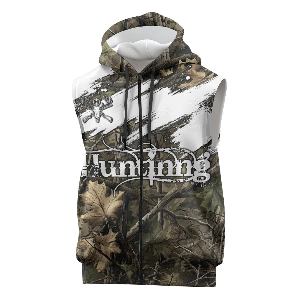 Deer Skull Hunting Sleeveless Zip Hoodie Camo Forest Grunge Buck Skull Crossed Rifles Target