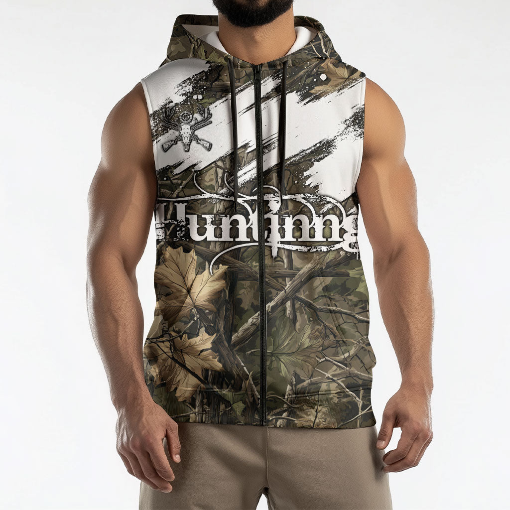 Deer Skull Hunting Sleeveless Zip Hoodie Camo Forest Grunge Buck Skull Crossed Rifles Target