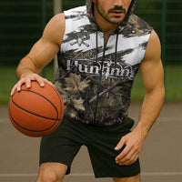 Deer Skull Hunting Sleeveless Zip Hoodie Camo Forest Grunge Buck Skull Crossed Rifles Target