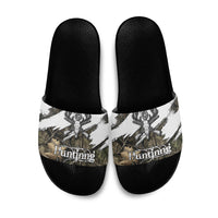 Deer Skull Hunting Slide Sandals Camo Forest Grunge Buck Skull Crossed Rifles Target