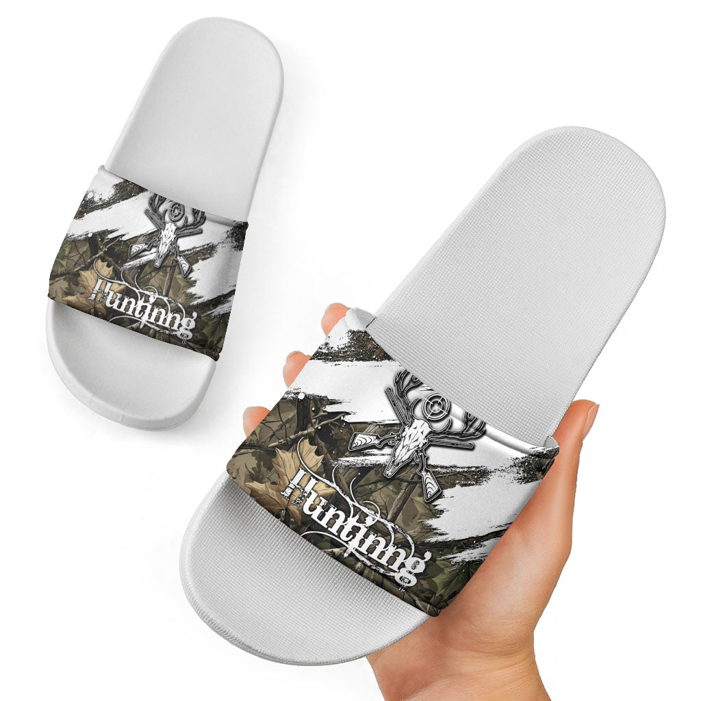 Deer Skull Hunting Slide Sandals Camo Forest Grunge Buck Skull Crossed Rifles Target