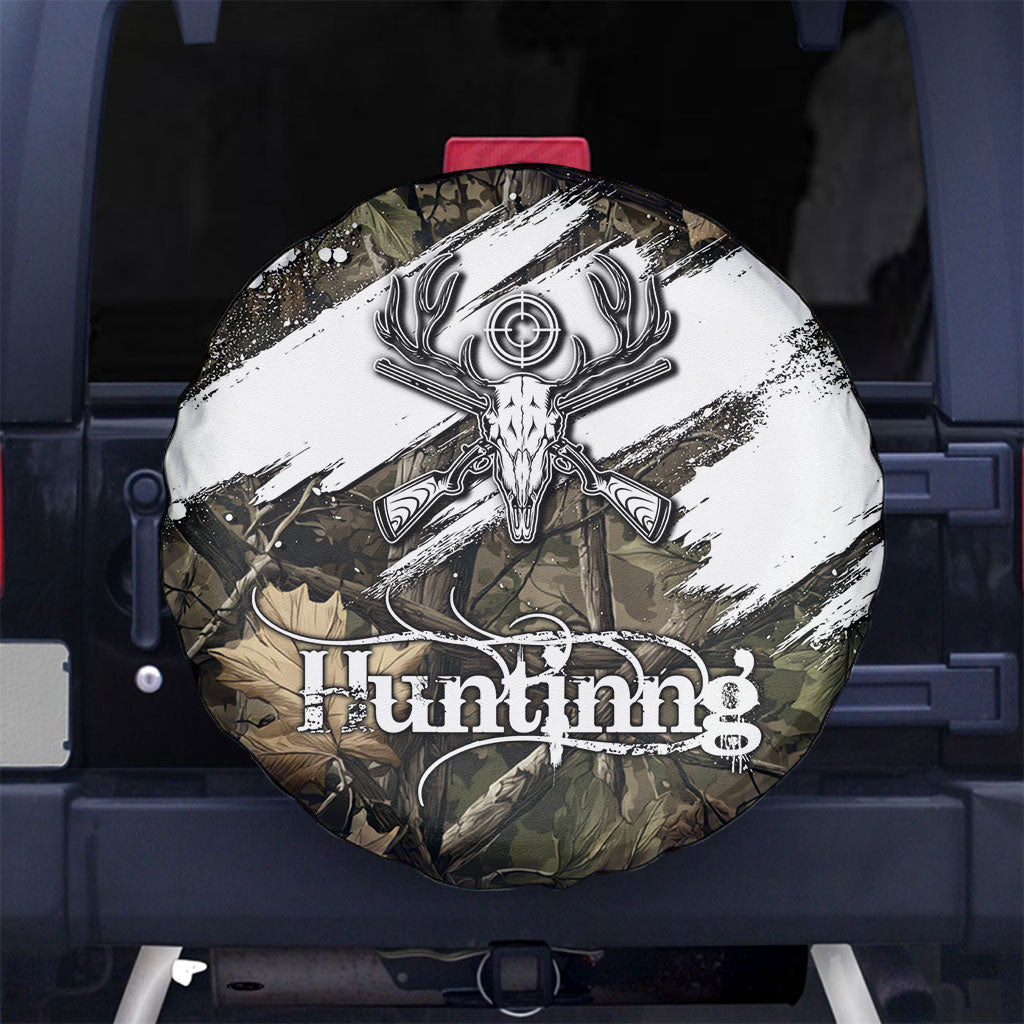 Deer Skull Hunting Spare Tire Cover Camo Forest Grunge Buck Skull Crossed Rifles Target