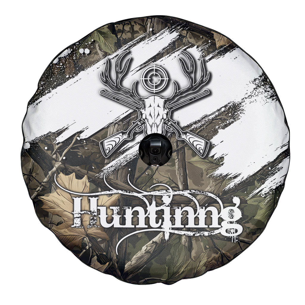 Deer Skull Hunting Spare Tire Cover Camo Forest Grunge Buck Skull Crossed Rifles Target